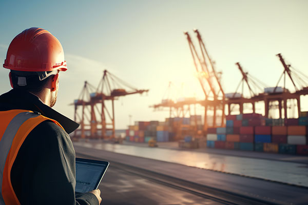 Logistiker mit Helm und Tablet schaut auf ein Containerterminal