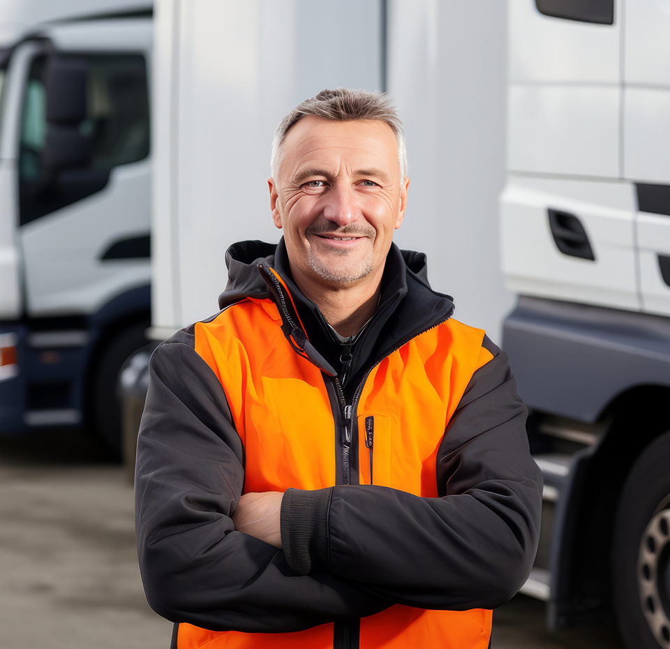 Lächelnder Logistiker mit orangener Warnweste steh vor weißen LKWs