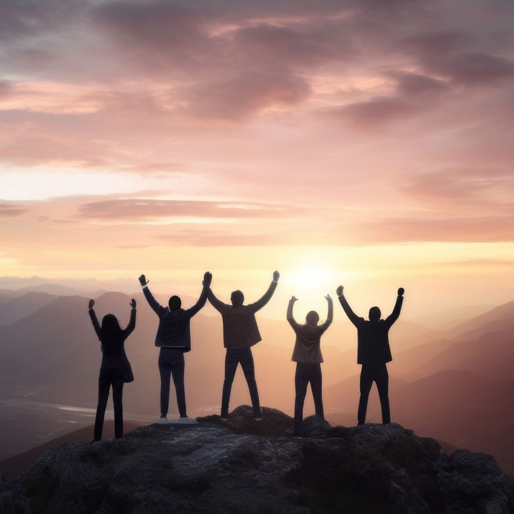 Menschen stehen auf einem Berggipfel uns strecken die Arme zum Zeichen des Erfolges nach oben