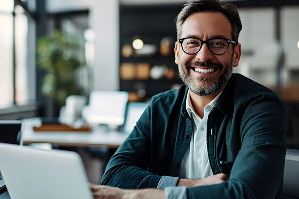 Mann mit Brille im Büro schaut lächelnd in die Kamera