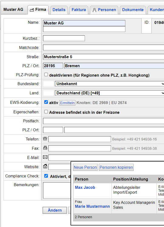 Screenshot Contado-Software Adressen und Personen