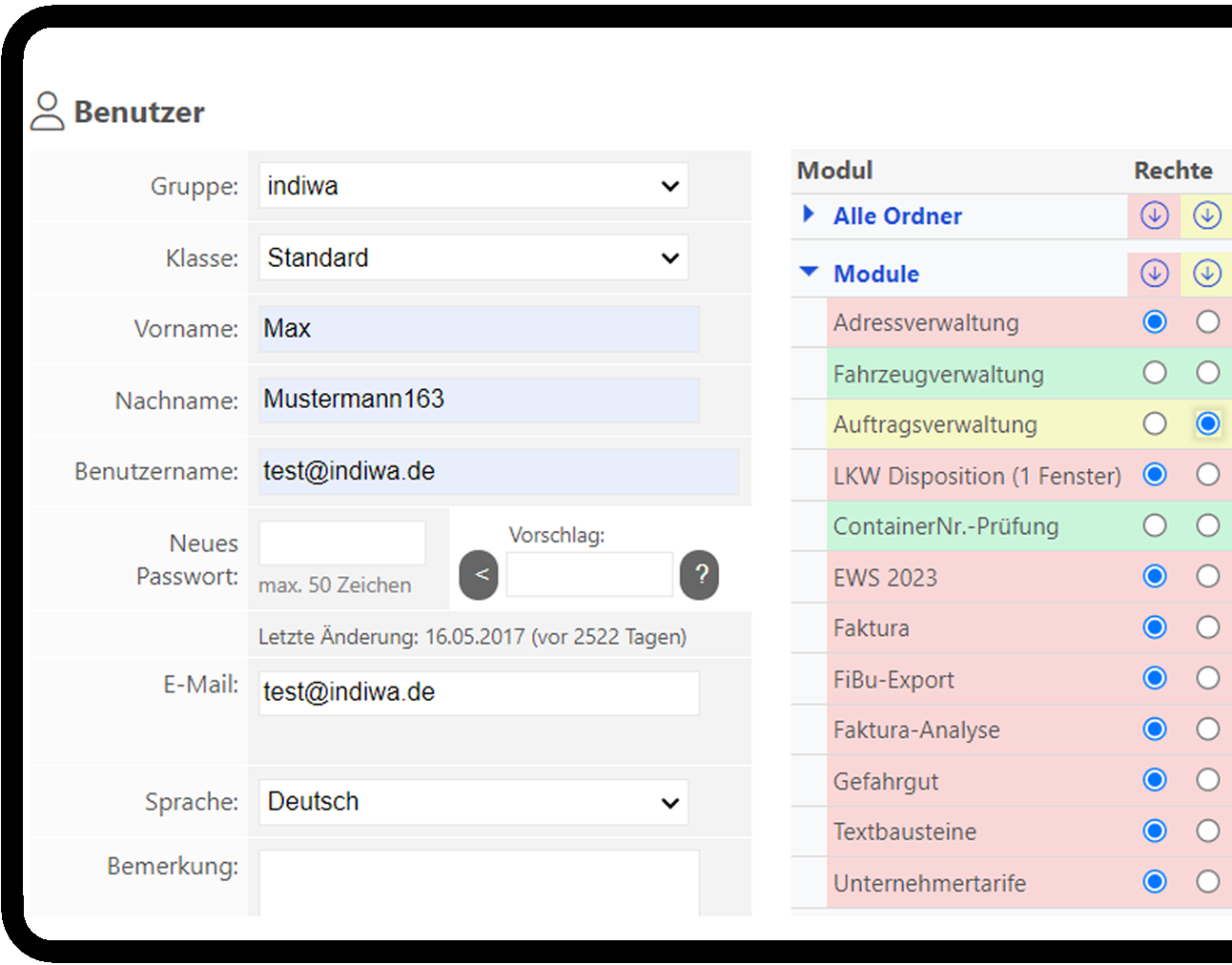 Screenshot Contado-Software Benutzeradministration