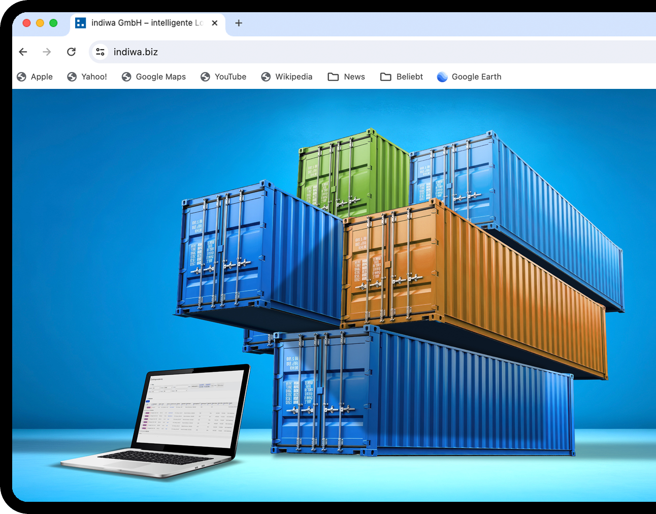 bunte Seecontainer gestapelt, Laptop mit geöffneter Software im Vordergrund